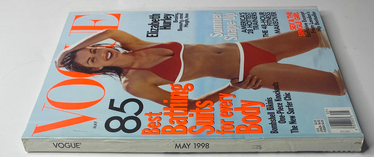 Vogue Magazine May 1998 featuring Elizabeth Hurley on the cover, showcasing the best bathing suits of the season. This issue highlights fashion from the late 1990s.