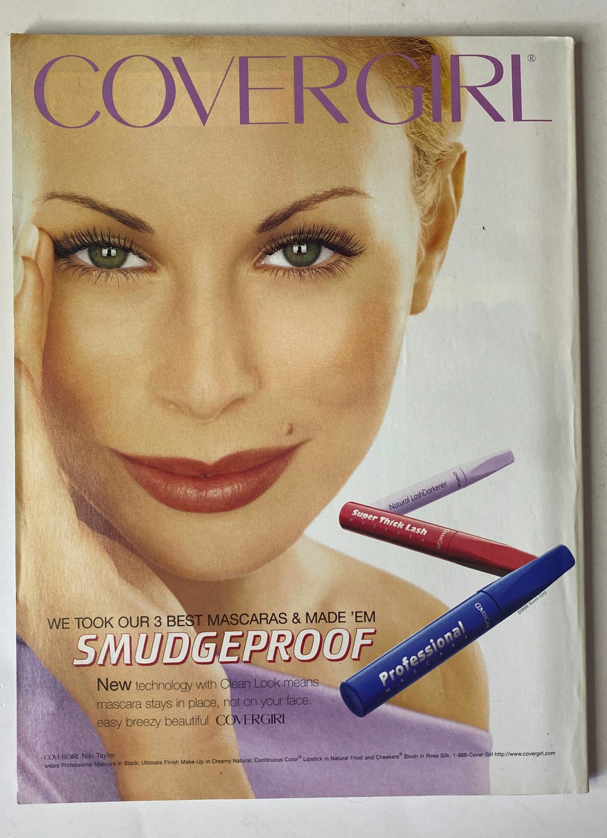 Vogue Magazine July 1999 Gisele Bündchen Cover showcasing a Covergirl advertisement featuring a beautiful model promoting smudge-proof mascara, highlighting three mascara products in vibrant colors.