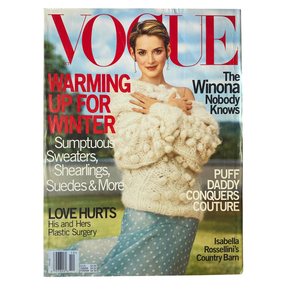 Vogue Magazine October 1999 featuring Winona Ryder on the cover with a cozy knit sweater, highlighting winter fashion trends.