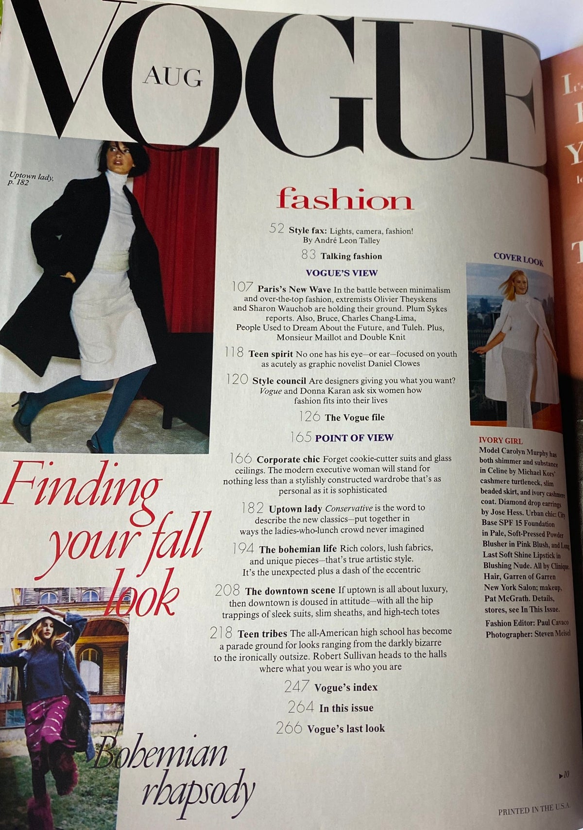 Vogue Magazine August 1998 Carolyn Murphy Cover showcasing fashion themes, featuring titles like 'Finding your fall look' and 'Bohemian Rhapsody', reflecting late-1990s style.