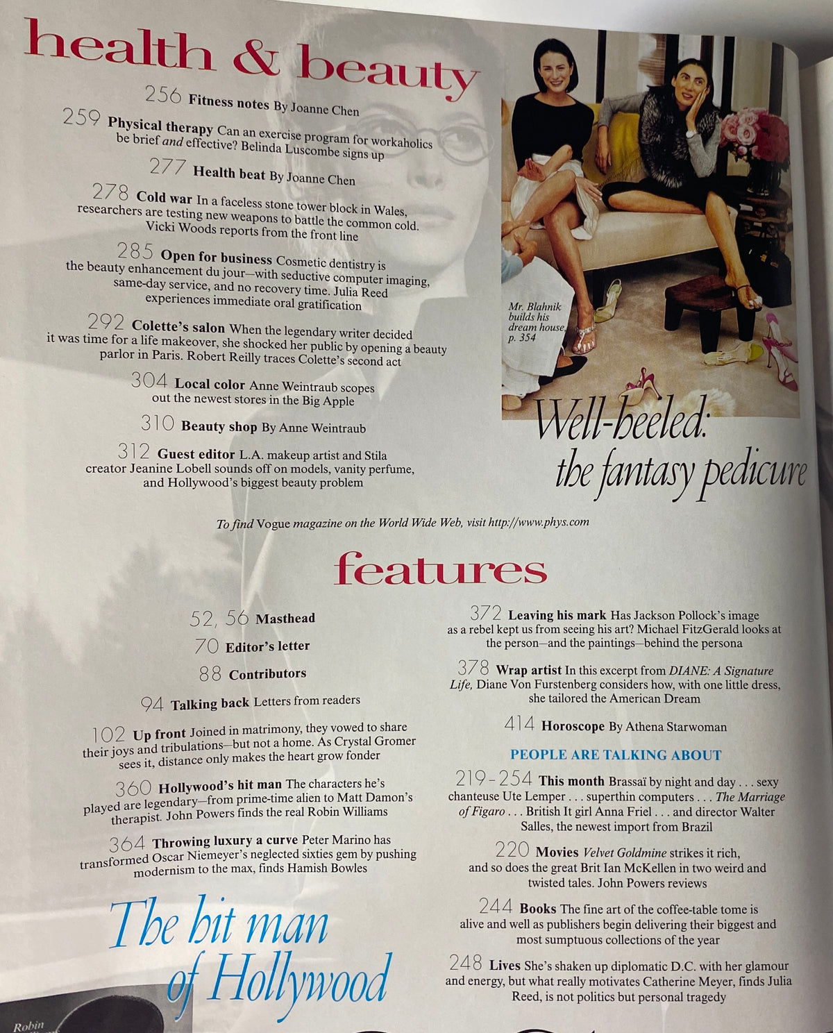 Interior page of Vogue Magazine November 1998 featuring health and beauty section with insights and features.