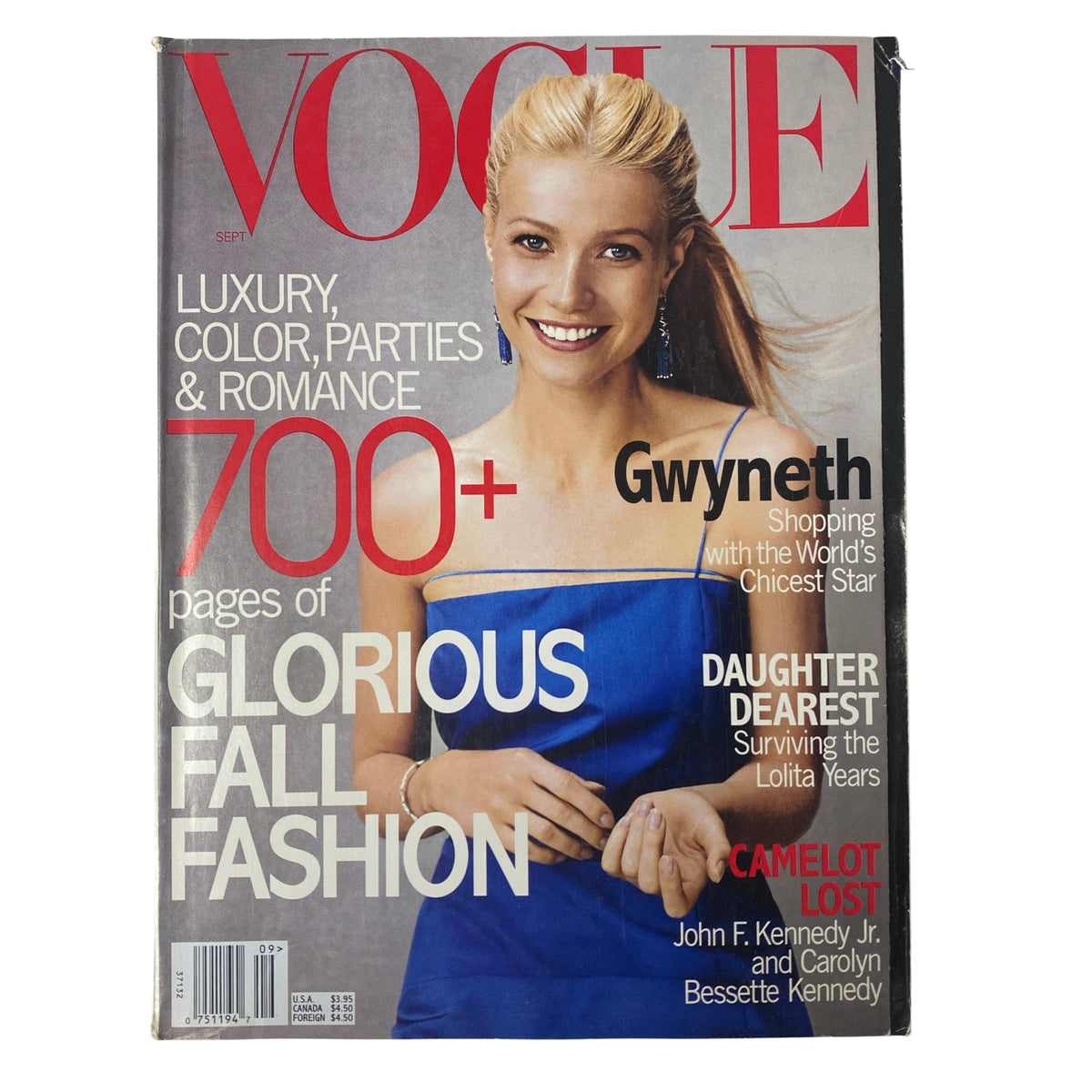 Vogue Magazine September 1999 cover featuring Gwyneth Paltrow in a blue dress and the tagline 'Luxury, Color, Parties & Romance'. The magazine showcases fall fashion and is in very good condition.