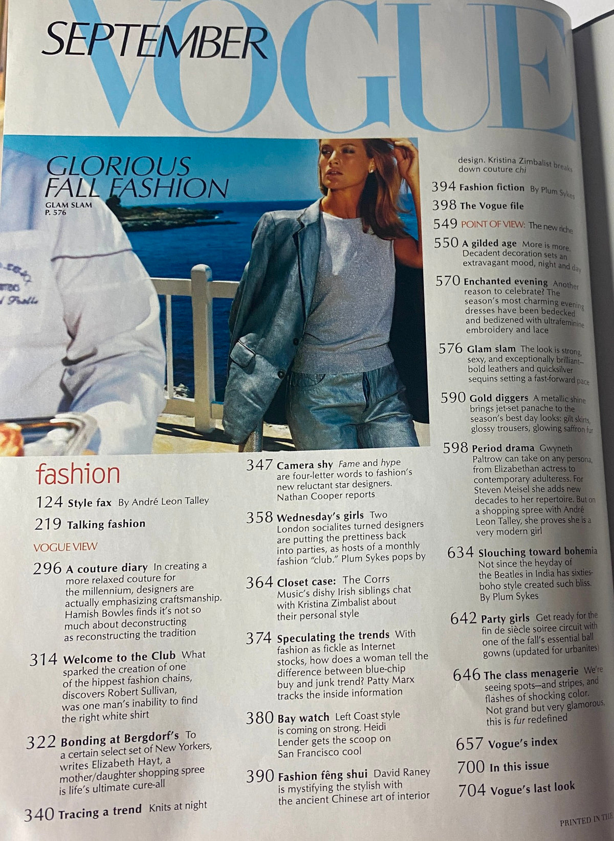 Inside pages of Vogue Magazine September 1999 featuring contents about fashion, including images and titles related to the theme of fall fashion. The magazine includes an editorial by Andre Leon Talley.