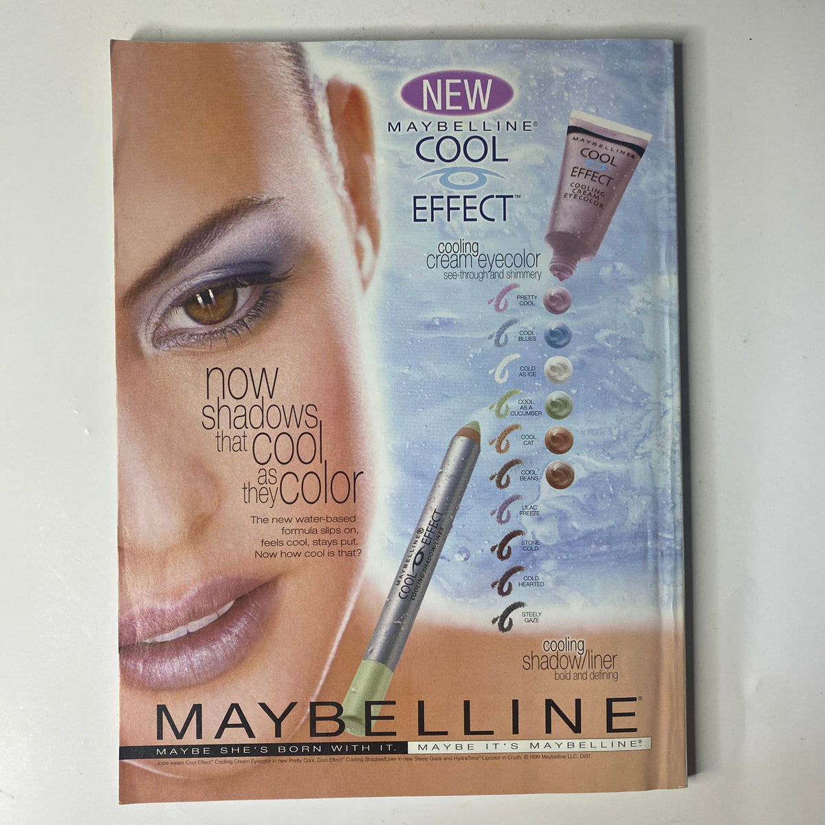 Maybelline advertisement showcasing new Cool Effect eyeshadows and liners, featuring a model with a beauty look. Vogue Magazine January 2000 Gisele Bündchen and Carmen Kass Cover No Label VG.