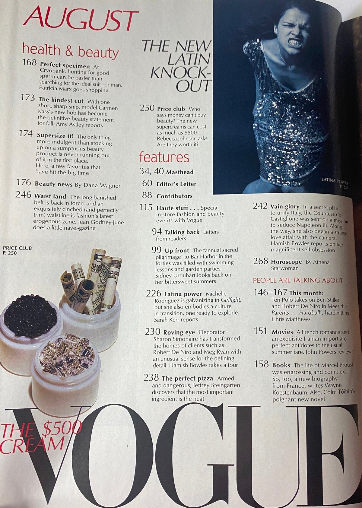 A page from August 2000 Vogue Magazine detailing health and beauty features, with a section titled 'The New Latin Knockout' showcasing fashion and beauty products relevant to the time.