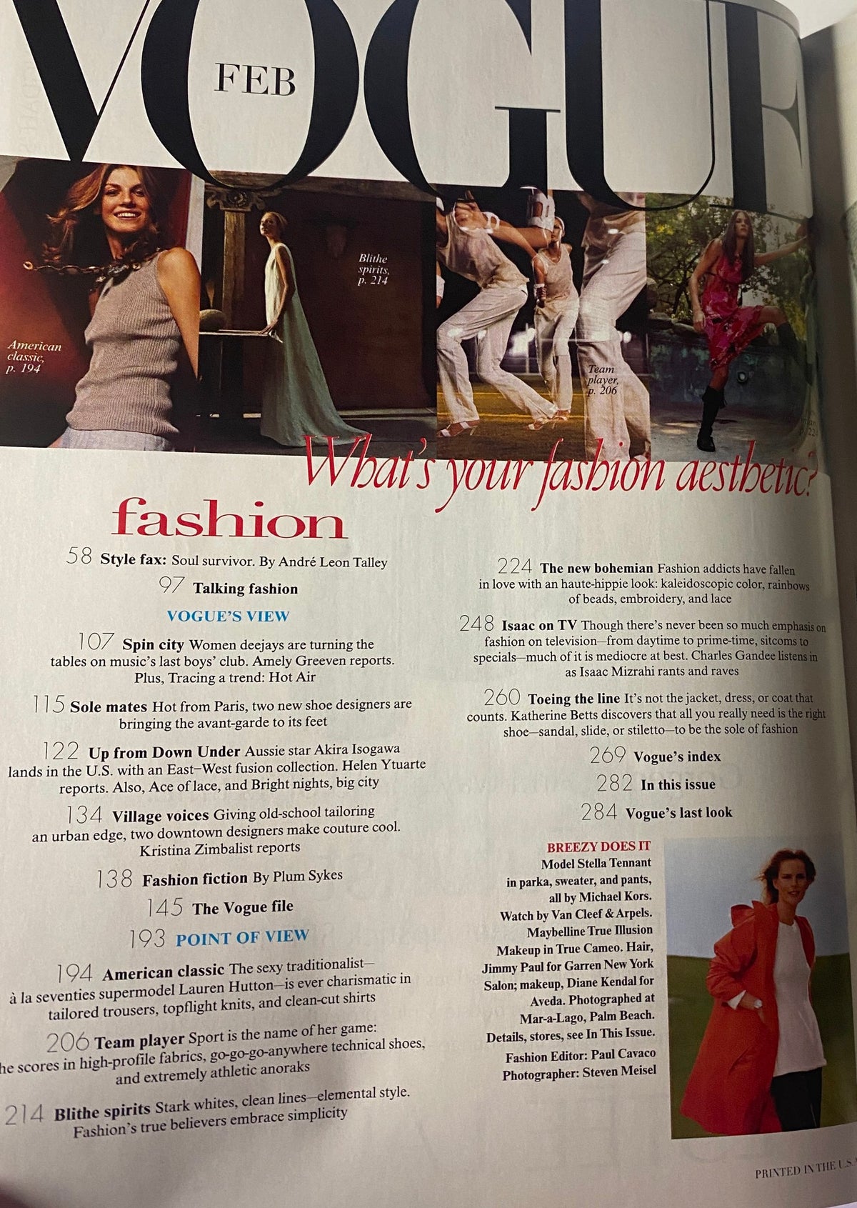 Interior page from Vogue Magazine February 1999 showcasing various fashion articles including 'Style Fax' and 'Talking Fashion.' Features Stella Tennant with a focus on aesthetic diversity.