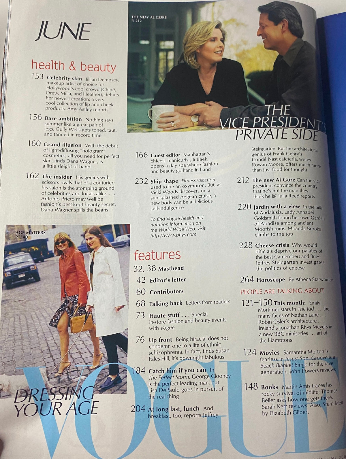 Another page from Vogue Magazine June 2000, focusing on health and beauty highlights, including 'Bare Ambition' and a feature on Al Gore.