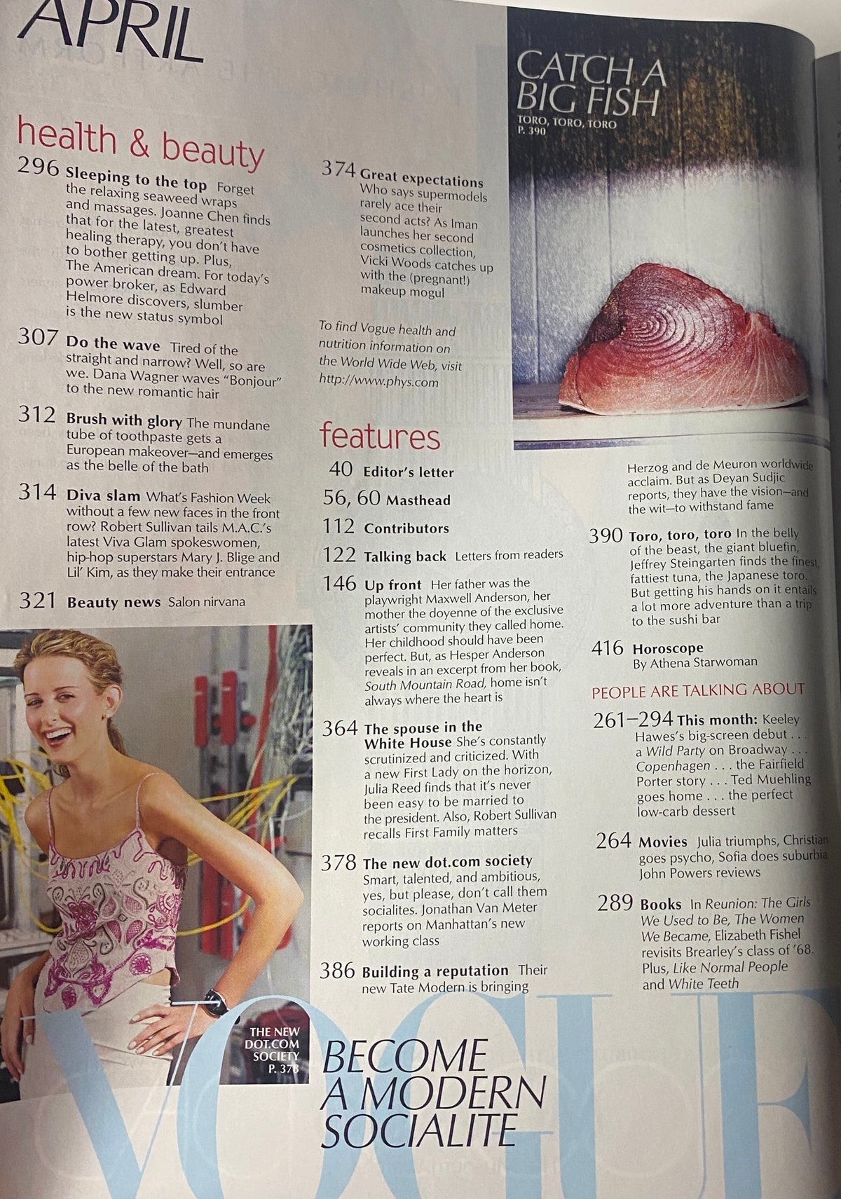 Beauty and health section from Vogue Magazine April 2000 showcasing articles such as 'Sleeping to the Top' and 'Do the Wave', emphasizing wellness culture and hair trends.