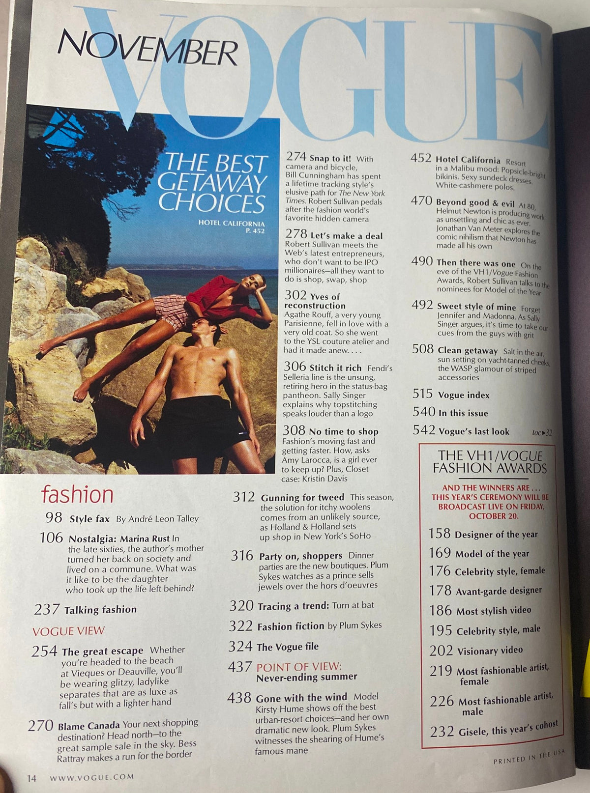 Vogue Magazine November 2000 page featuring the best getaway choices, showcasing the essence of early 2000s fashion and travel inspiration.