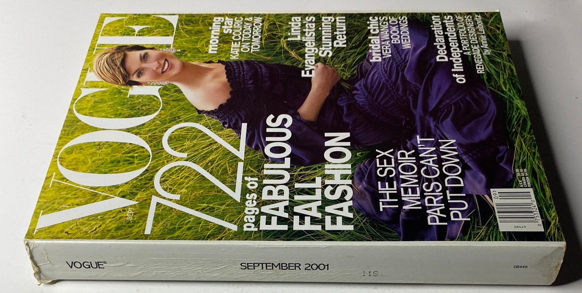 Vogue Magazine September 2001 Linda Evangelista Cover - No Label - showcases the magazine lying flat, emphasizing its contents on fall fashion and notable articles.