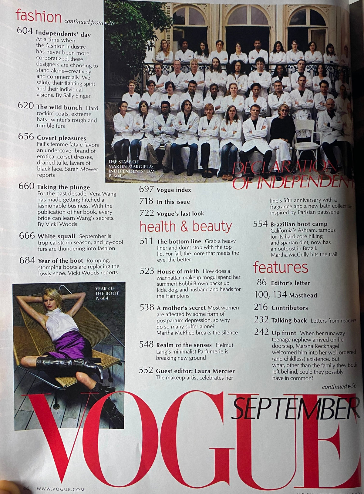 Another inside view of Vogue Magazine September 2001, featuring articles on health and beauty alongside designer highlights and indepth perspectives on fashion.