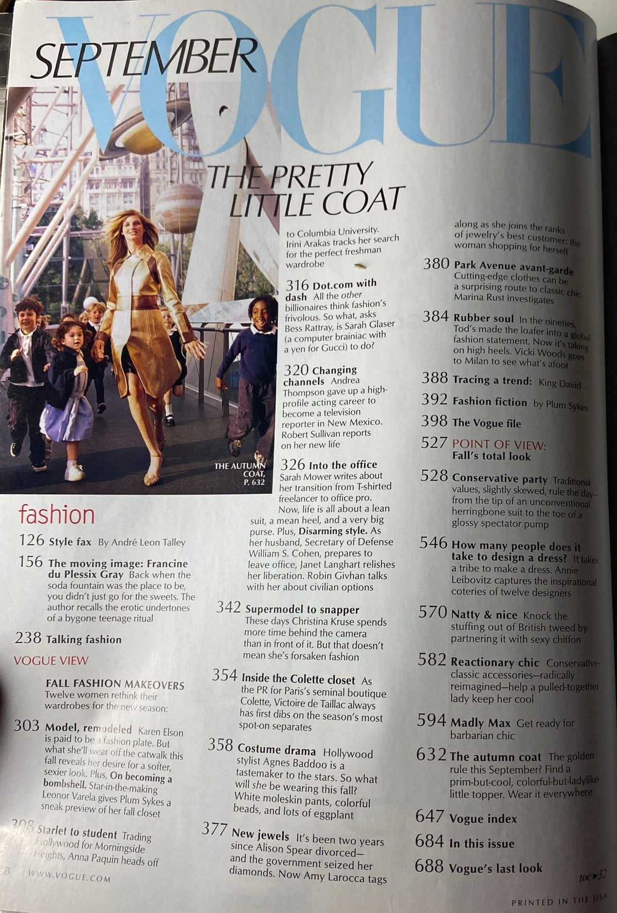 Interior page from Vogue Magazine September 2000 showcasing the index, featuring the title 'THE PRETTY LITTLE COAT' amidst fashion highlights and notable articles.