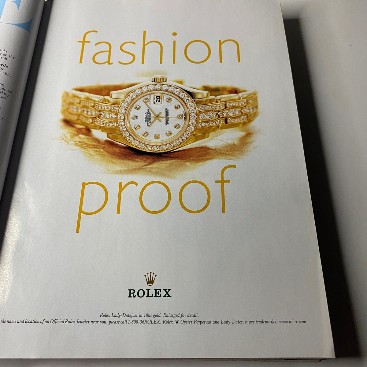 Ad page from Vogue Magazine September 2000 for Rolex, titled 'fashion proof', featured within the magazine known for its classic approach to style.