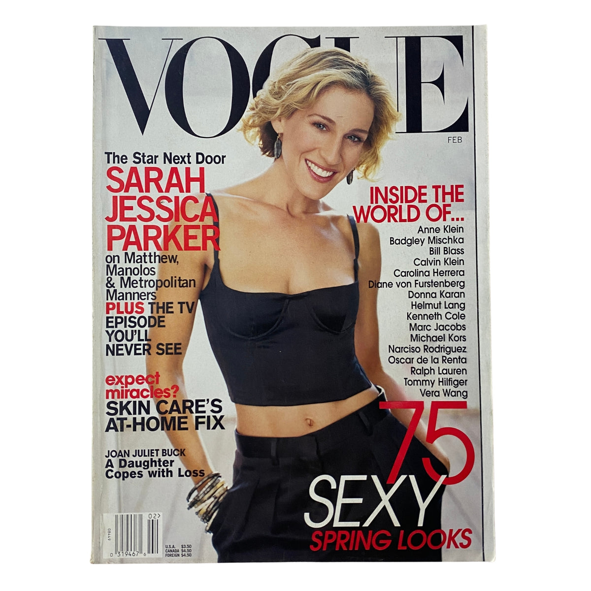 Cover of Vogue Magazine February 2002 featuring Sarah Jessica Parker, showcasing her iconic style with the title 'Vogue Magazine February 2002 Sarah Jessica Parker Cover No Label VG'.