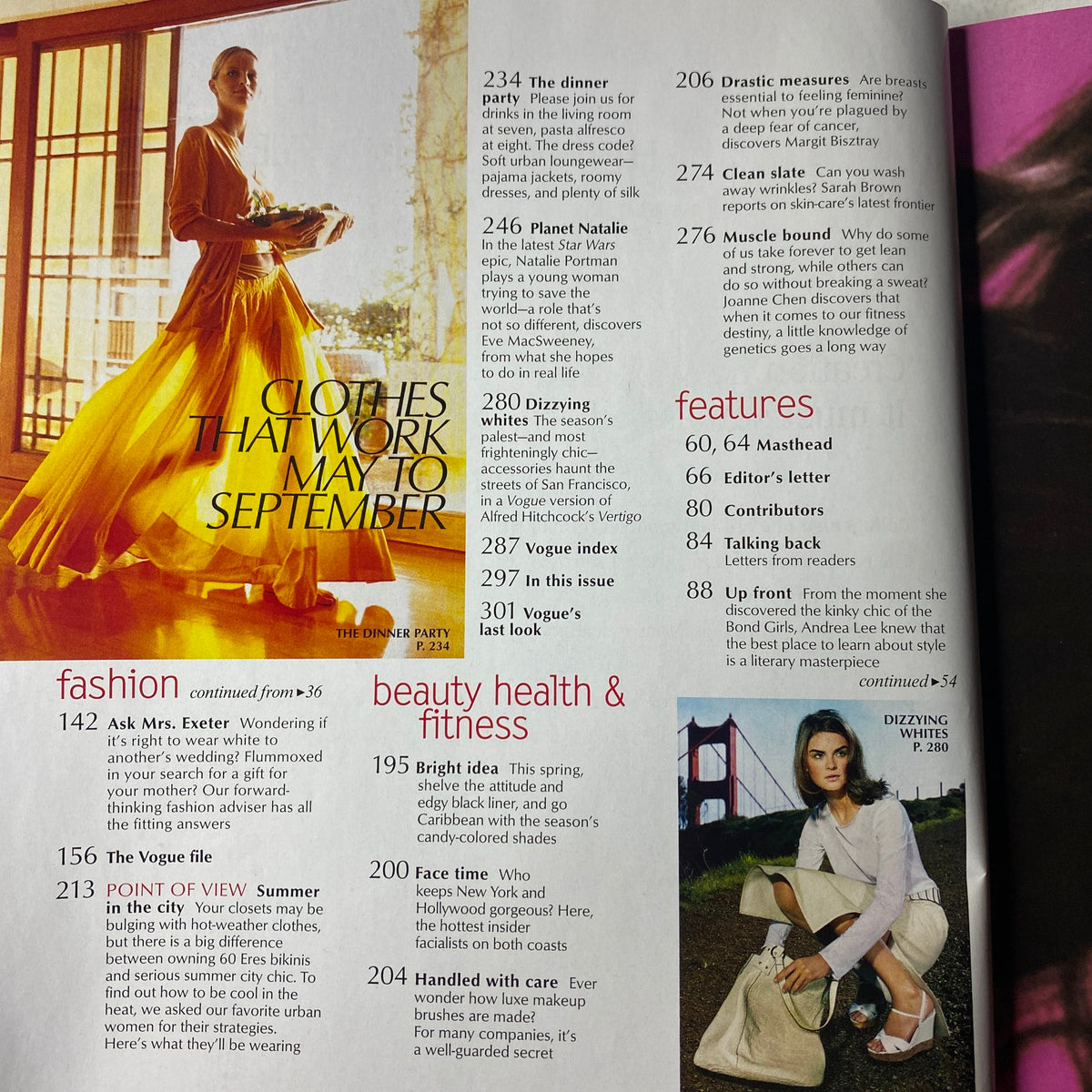 Another page from Vogue Magazine May 2002 discussing 'Clothes That Work May to September' with a yellow gown and various fashion insights.