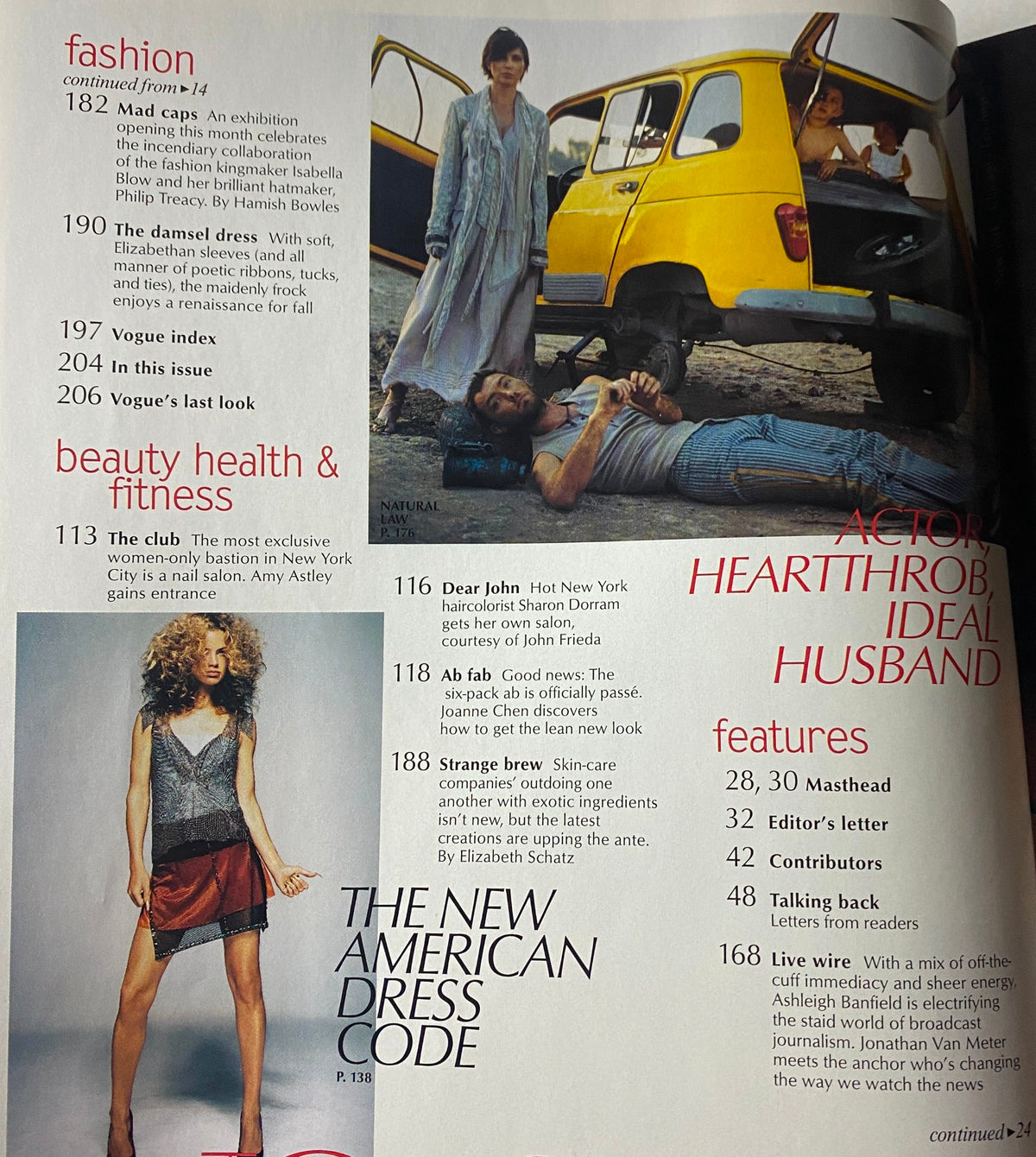 Page from Vogue Magazine July 2002 discussing the New American Dress Code along with beauty and fitness features, reflecting early 2000s fashion trends.