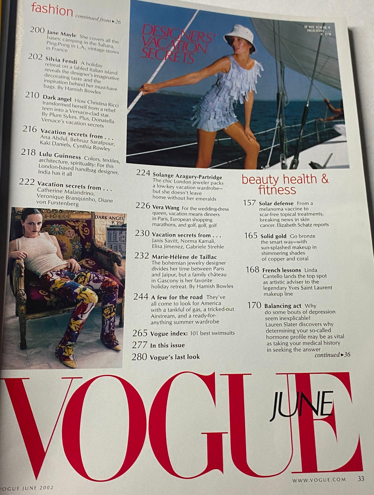 Interior page from Vogue Magazine June 2002 displaying the table of contents, featuring sections on fashion, beauty, and the article 'Designers' Vacation Secrets'.