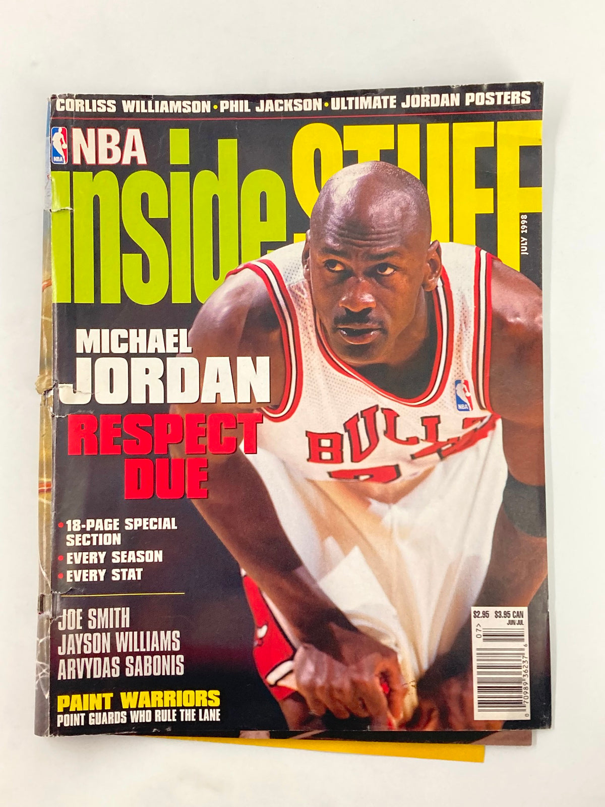 NBA Inside Stuff Magazine July 1998 featuring Michael Jordan on the cover, emphasizing his iconic status and sports achievements.