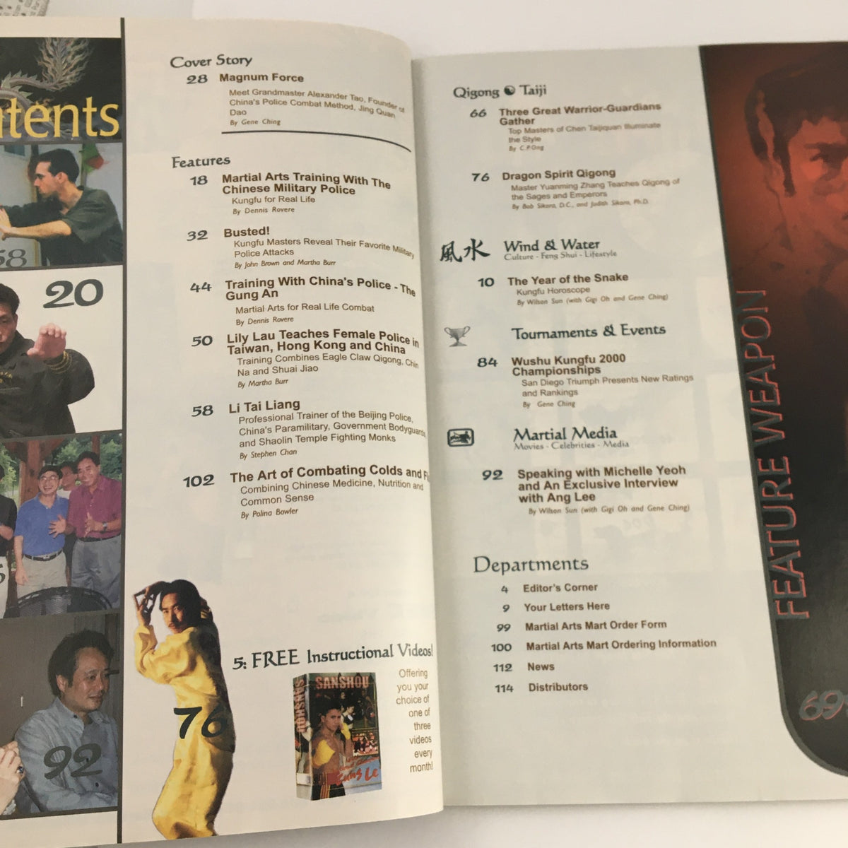 Interior page of Kung Fu Qigong Magazine January 2001 displaying the index, highlighting features on martial arts, including articles on various training methods and prominent martial artists.