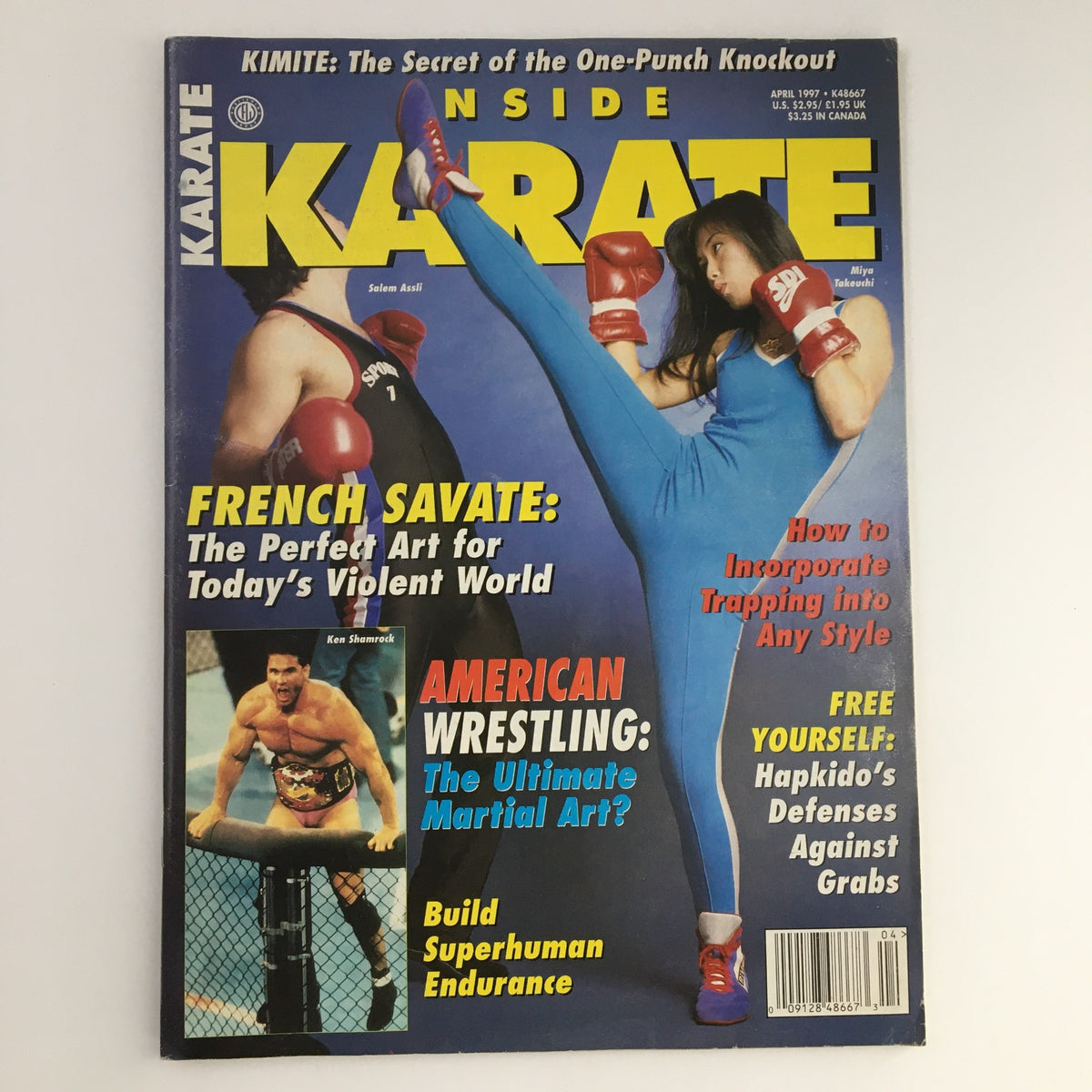 Cover of Inside Karate Magazine, April 1997 issue featuring martial artists Salem Assli and Miya Takeuchi in action poses, showcasing expert techniques. The magazine includes articles on French Savate and American Wrestling, emphasizing their relevance to martial arts enthusiasts.