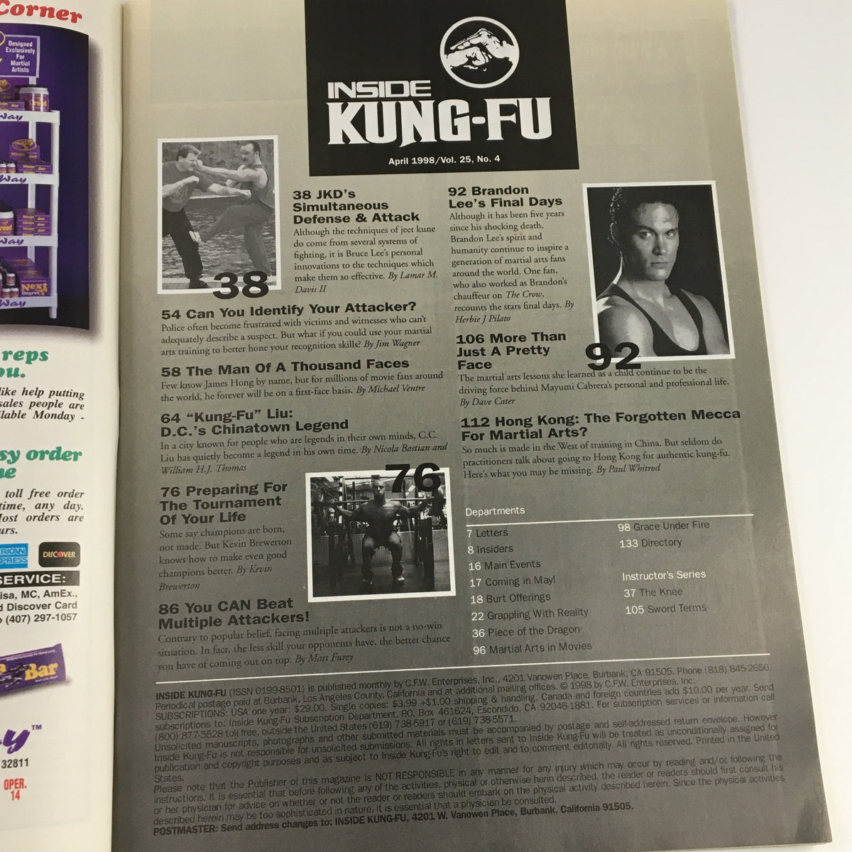 Table of contents for Inside Kung Fu Magazine April 1998 detailing articles on martial arts topics, including JKD techniques, Brandon Lee, and various training insights.