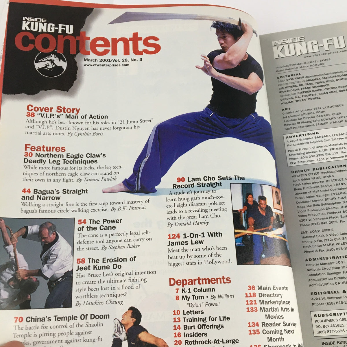 Contents page of Inside Kung Fu Magazine March 2001, highlighting the features of the magazine including articles on martial arts techniques and influential figures.