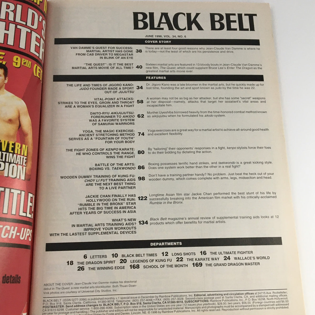 Interior page of Black Belt Magazine June 1996 featuring articles and features on martial arts, including Jean-Claude Van Damme and Jackie Chan.