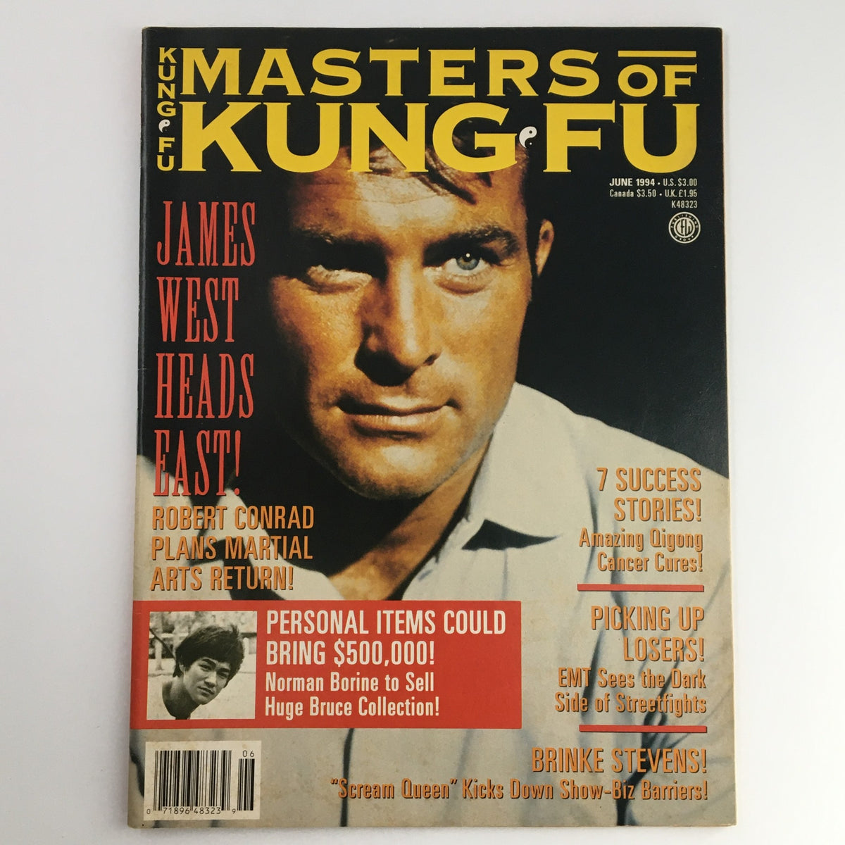 Masters of Kung Fu Magazine from June 1994 featuring James West on the cover, highlighting Robert Conrad's martial arts plans, with various headlines about martial arts success stories.