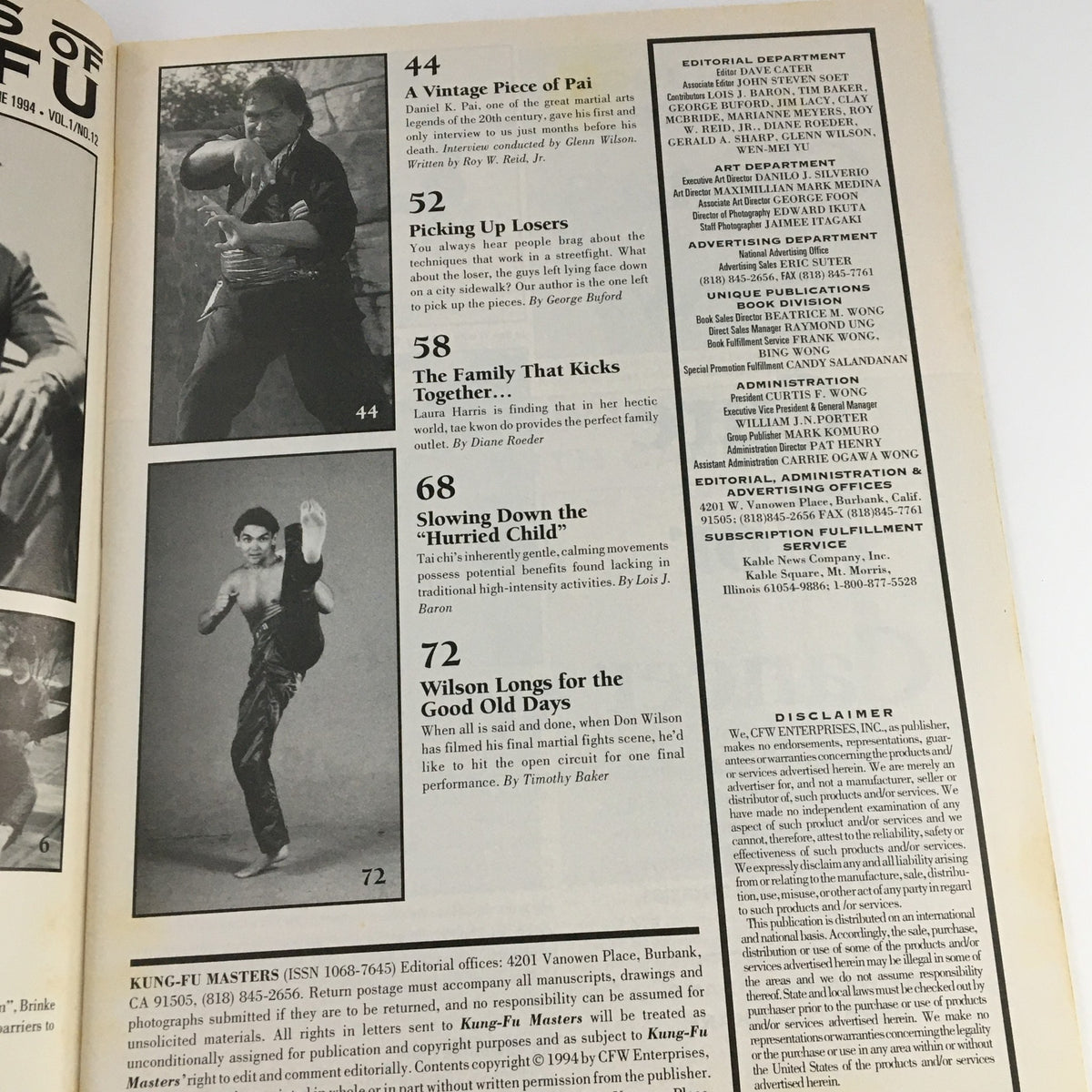 Masters of Kung Fu Magazine June 1994 interior page featuring martial arts illustrations and article highlights, emphasizing the significance of Kung Fu in the 1990s.