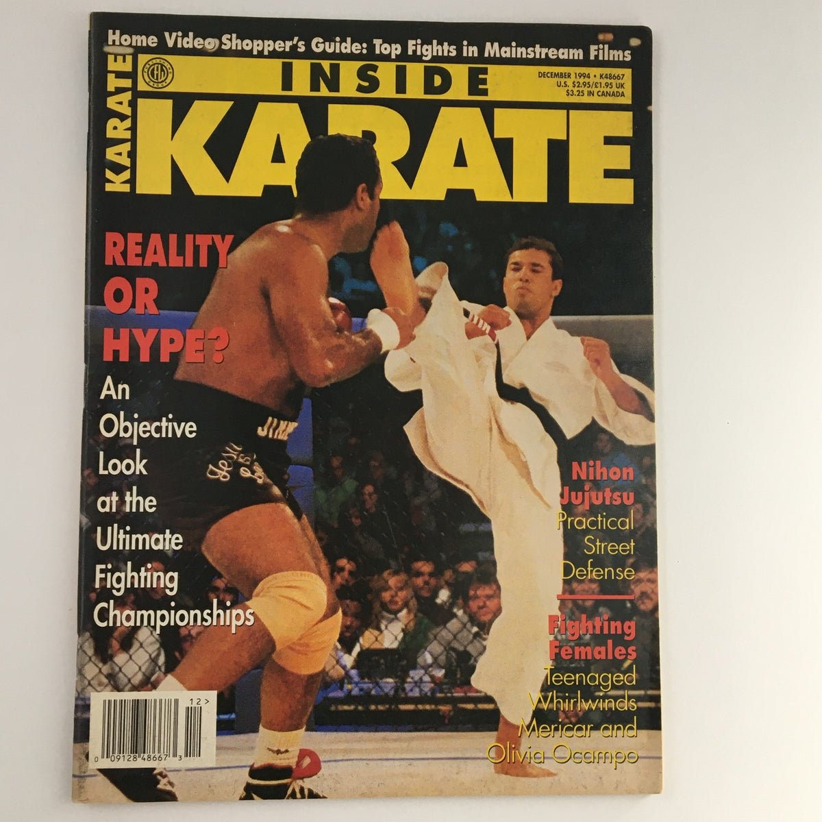 Cover of Inside Karate Magazine December 1994 featuring Royce Gracie and Olivia Ocampo, highlighting martial arts techniques and UFC discussions.