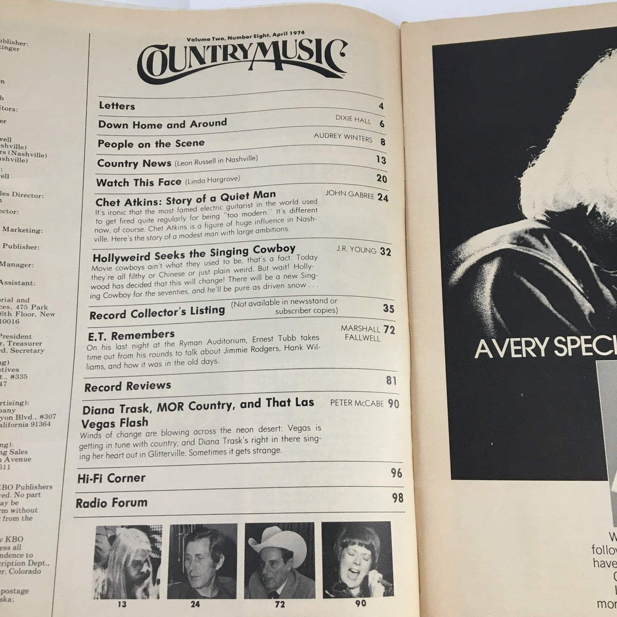 Interior page of Country Music Magazine April 1974 displaying the table of contents, including articles on Chet Atkins and Ernest Tubb's reflections on country music.
