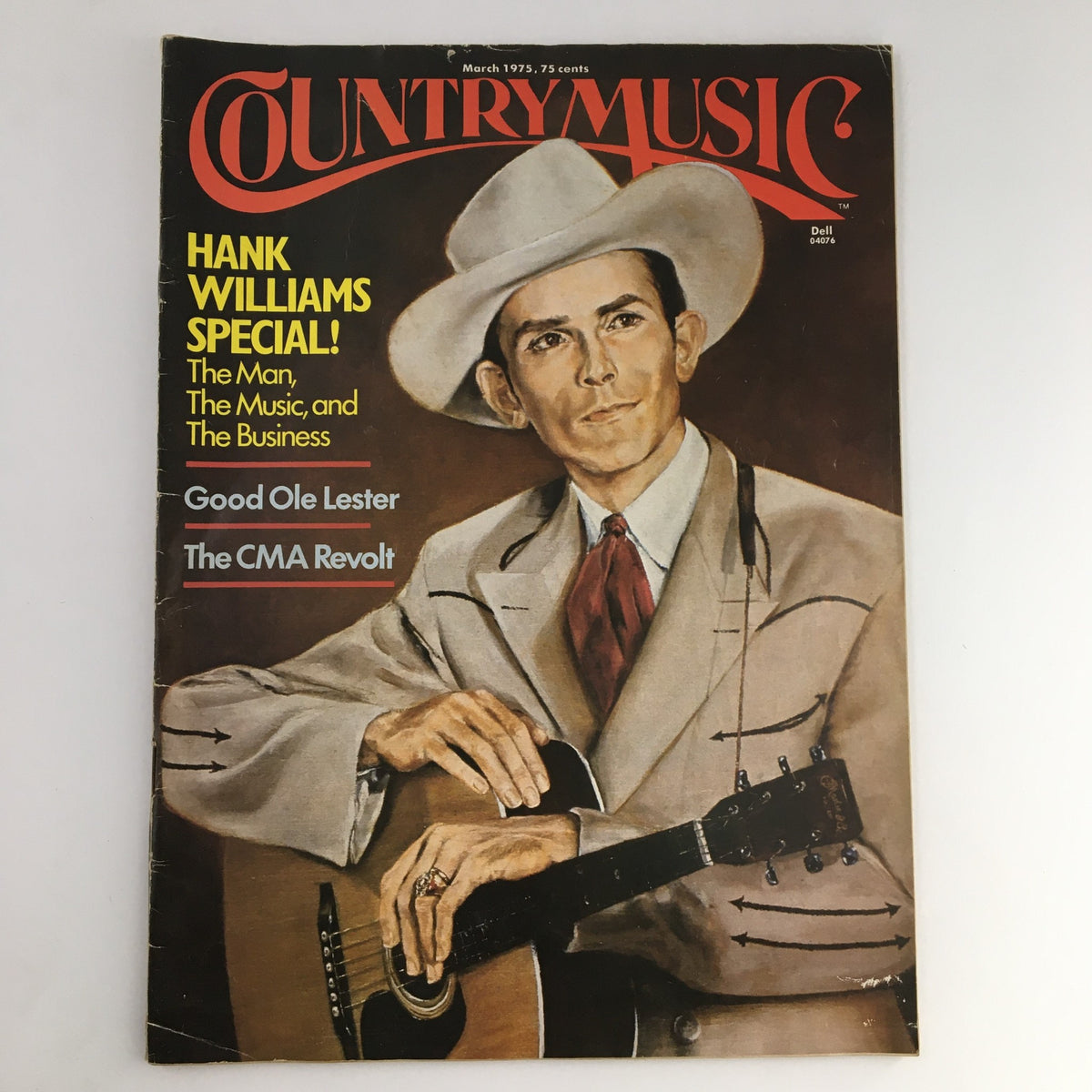 Country Music Magazine March 1975 featuring a cover illustration of Hank Williams, highlighting his special feature and including Good Ole Lester and a discussion of The CMA Revolt.
