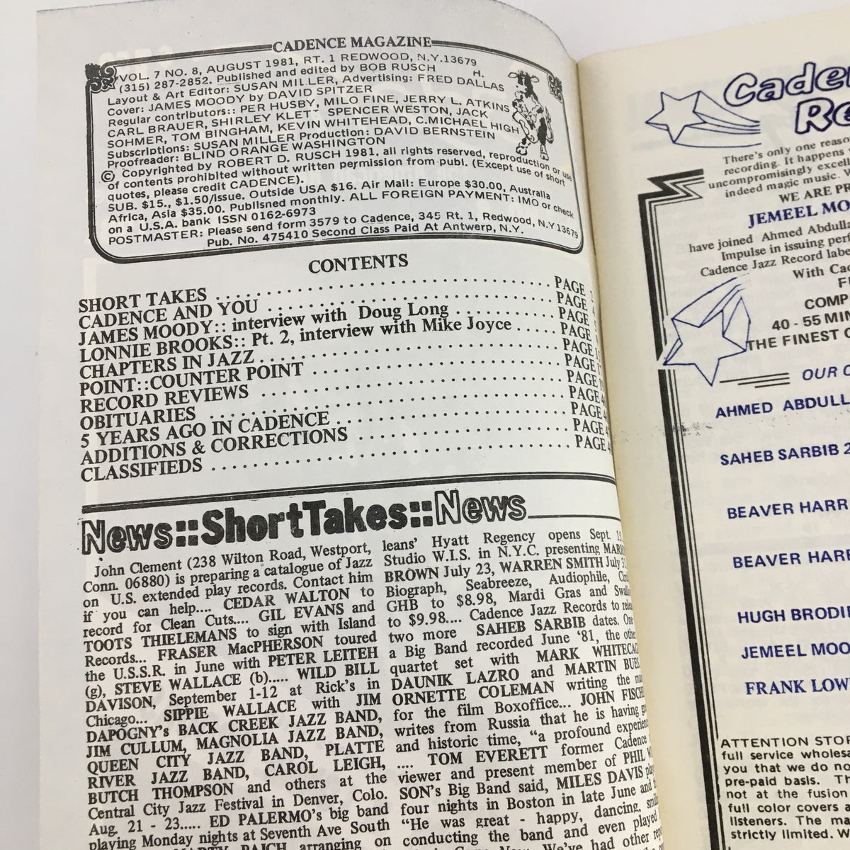 Inside pages of Cadence Magazine August 1981 displaying the contents, including featured articles and interviews with James Moody and Lonnie Brooks, highlighting notable sections of the vintage music magazine.