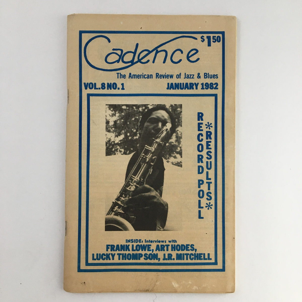 Cover of Cadence Magazine, January 1982 issue featuring an image of a musician playing a saxophone, highlighting interviews with Frank Lowe, Art Hodes, and Lucky Thompson.