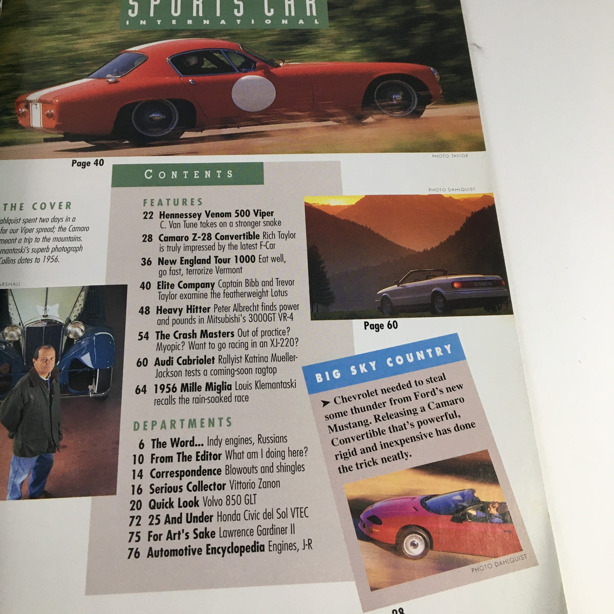 Contents page of Sports Car International Magazine December 1993 highlighting articles, features, and departments focused on vintage cars and racing events.