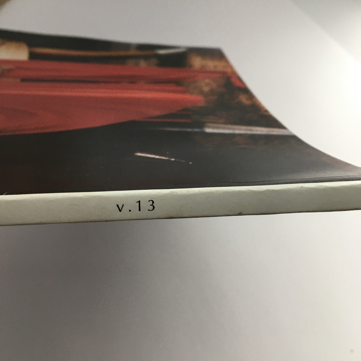 Close-up of the spine of the W Magazine 2005 Holiday Fashion & Gift Book High Spirits, indicating the volume number v.13.
