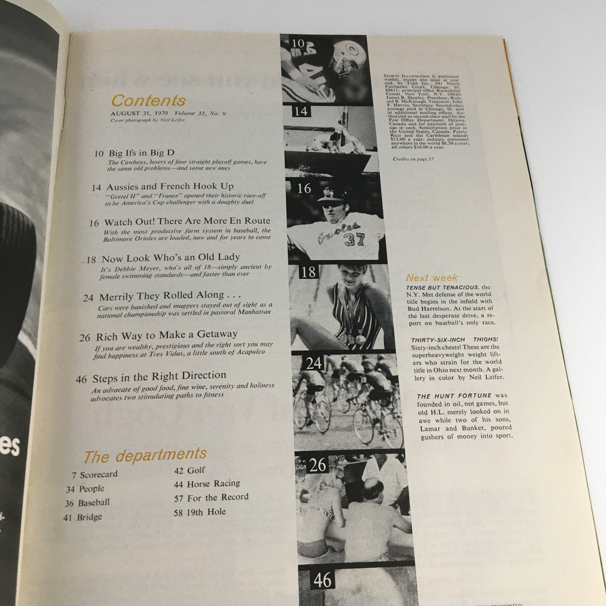 Contents page of Sports Illustrated Magazine August 31 1970 showcasing various articles and features, including sports highlights and player profiles related to the Les Showdown Year.