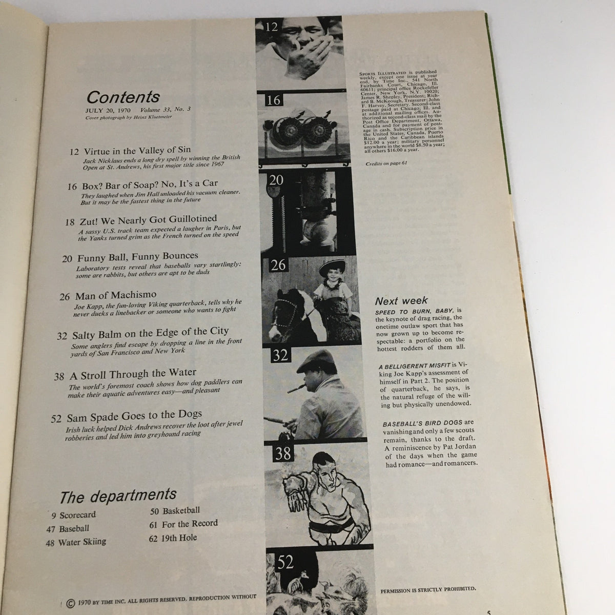 Contents page of Sports Illustrated Magazine July 20, 1970, listing articles including 'Man of Machismo' featuring Joe Kapp and various sports topics.