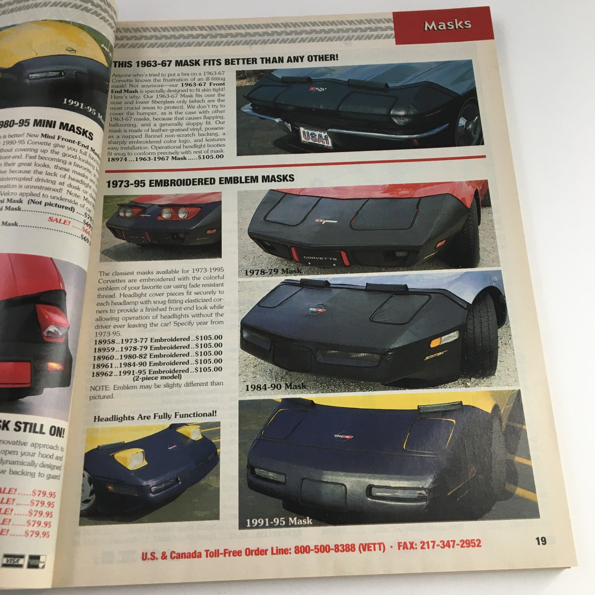 Mid America Designers Inc. Catalog 1995 Parts & Accessories for Corvettes - Page featuring various Corvette masks for 1963-95 models, showcasing emblems and styles.