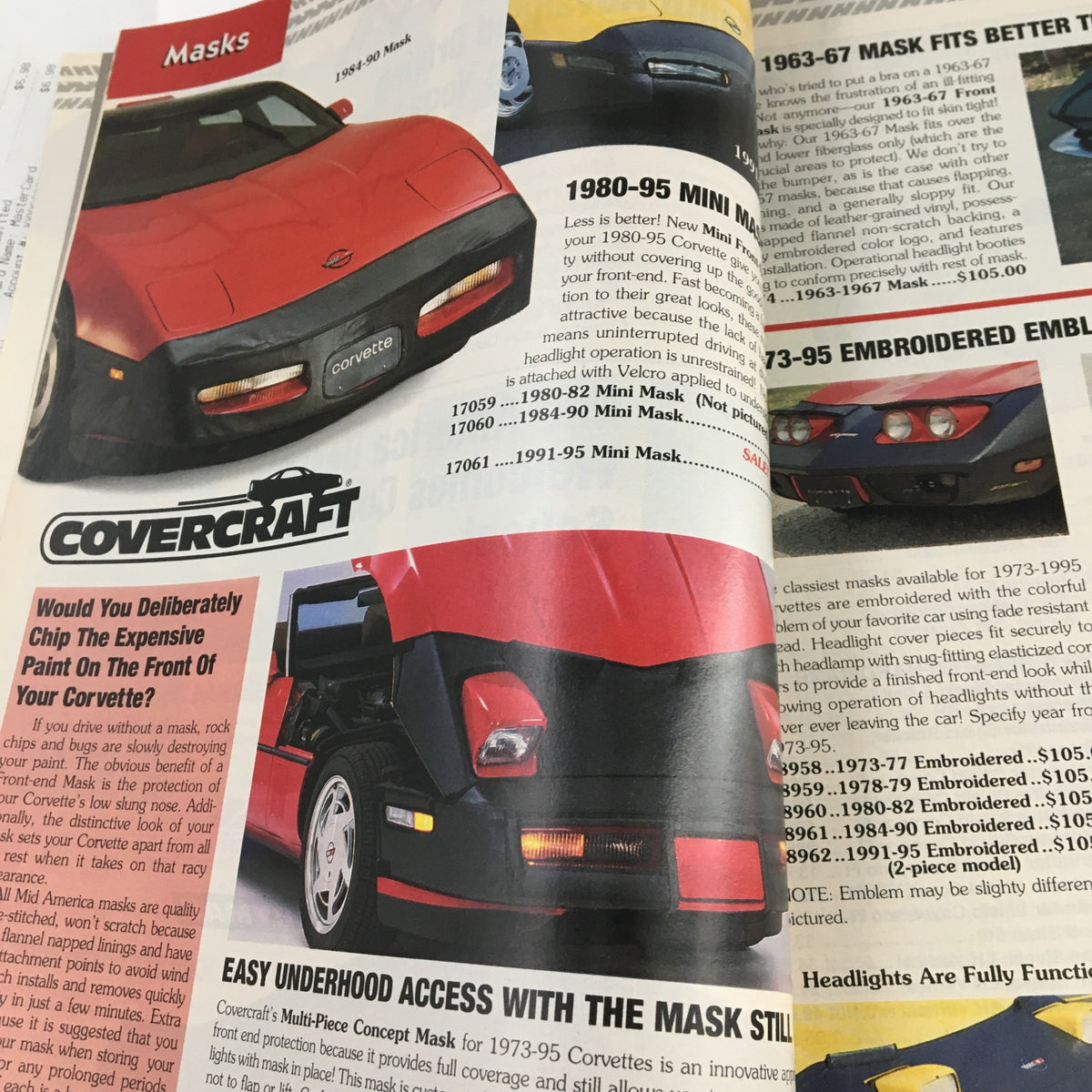 Mid America Designers Inc. Catalog 1995 Parts & Accessories for Corvettes - Page highlighting the 1980-95 Corvette Mini Mask and details on functionality and price.