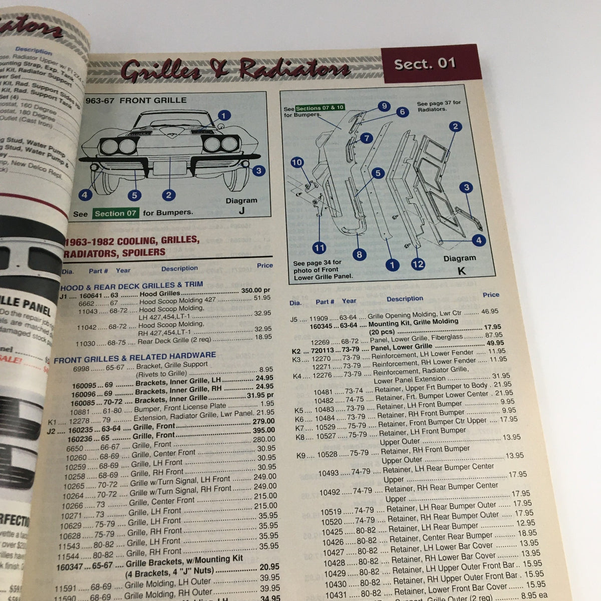 Mid America Designers Inc. Catalog 1995 Parts & Accessories for Corvettes - Page from Grilles & Radiators section with diagrams and pricing for 1963-82 Corvette parts.