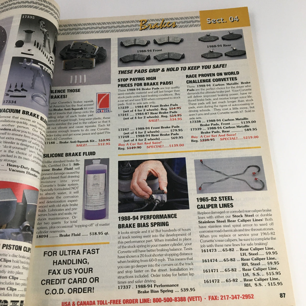 Mid America Designers Inc. Catalog 1995 Parts & Accessories for Corvettes - Page highlighting Brakes section with various brake parts, pricing, and specifications.