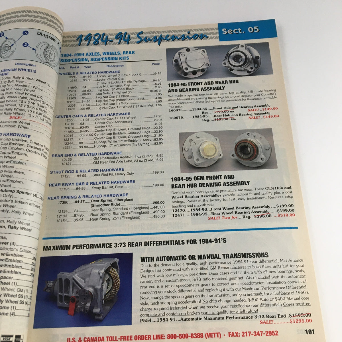 Mid America Designers Inc. Catalog 1995 Parts & Accessories for Corvettes - Page detailing Suspension parts for 1984-94 Corvettes, including diagrams and price listings.