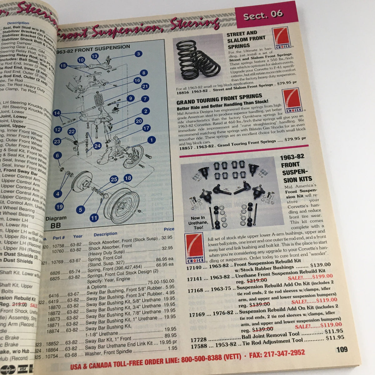 Mid America Designers Inc. Catalog 1995 Parts & Accessories for Corvettes - Section 06 showing detailed diagram of front suspension and steering components for Corvettes.