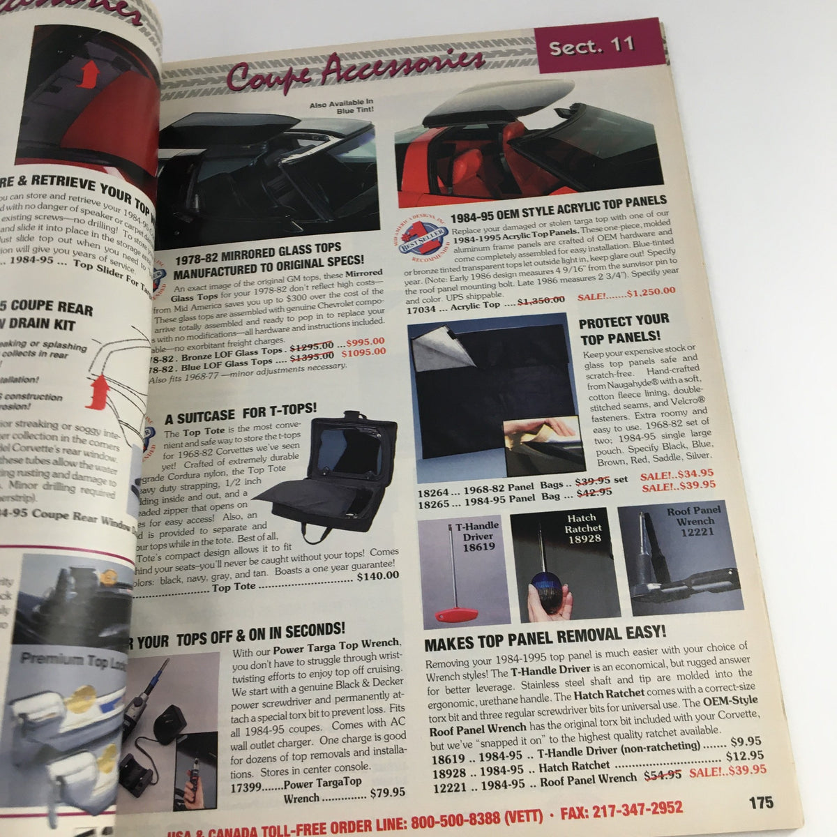Mid America Designers Inc. Catalog 1995 Parts & Accessories for Corvettes - Section 11 featuring Coupe Accessories including mirrored T-top storage and protective panels.