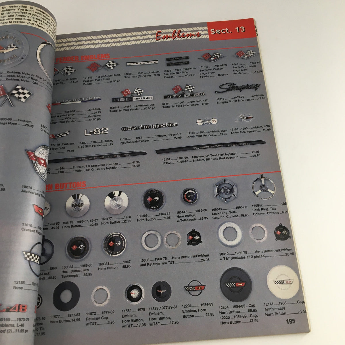 Mid America Designers Inc. Catalog 1995 Parts & Accessories for Corvettes - Section 13 displaying various emblems and buttons available for Corvette models.