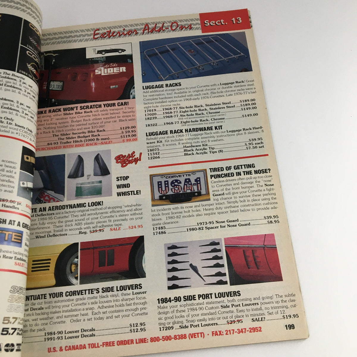 Mid America Designers Inc. Catalog 1995 Parts & Accessories for Corvettes - Section 13 highlighting Exterior Add-Ons including luggage racks and side louvers.