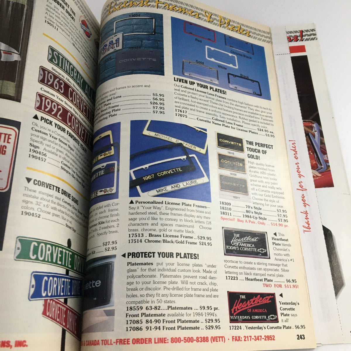 Mid America Designers Inc. Catalog 1995 Parts & Accessories for Corvettes - page featuring decorative license plate frames and personalization options for Corvette owners.