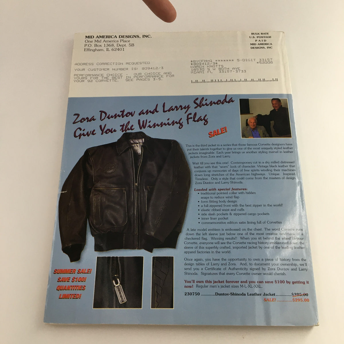 Back cover of the Mid America Designers Inc. Catalog 1995 Parts & Accessories for Corvettes, showcasing promotional content and products including a leather jacket. Highlighting sale details and mentions of Zora Duntov and Larry Shinoda.