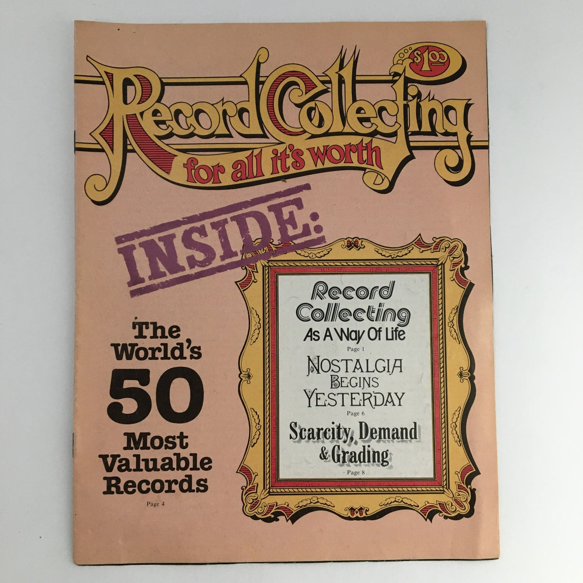Cover of 'Record Collecting for All It's Worth' magazine featuring 'The World's 50 Most Valuable Records' including The Beatles and Elvis Presley, emphasizing the 1970s collectible records.